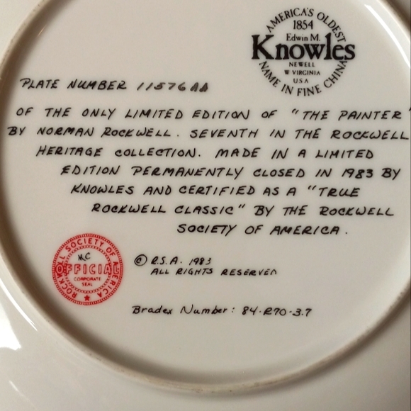 Limited Edition Norman Rockwell "The "Painter" Fine China 8.5 inch plate - Picture 3 of 4
